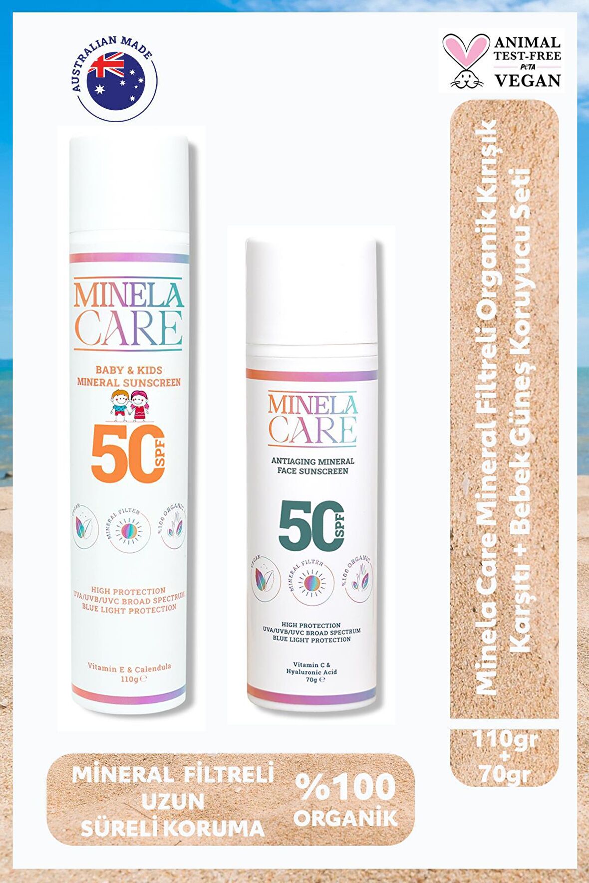 Minela Care Mineral Filtreli Organik Kırışık Karşıtı + Bebek Güneş Koruyucu Set